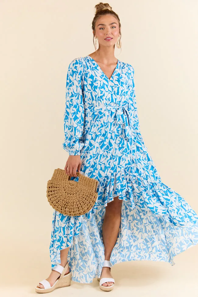 Palmetto Paradise Blue and White Long Sleeve Maxi Dress