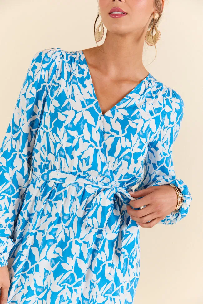 Palmetto Paradise Blue and White Long Sleeve Maxi Dress