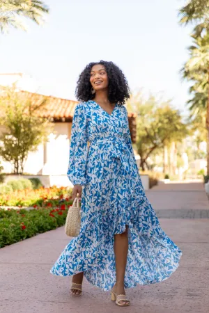 Palmetto Paradise Blue and White Long Sleeve Maxi Dress