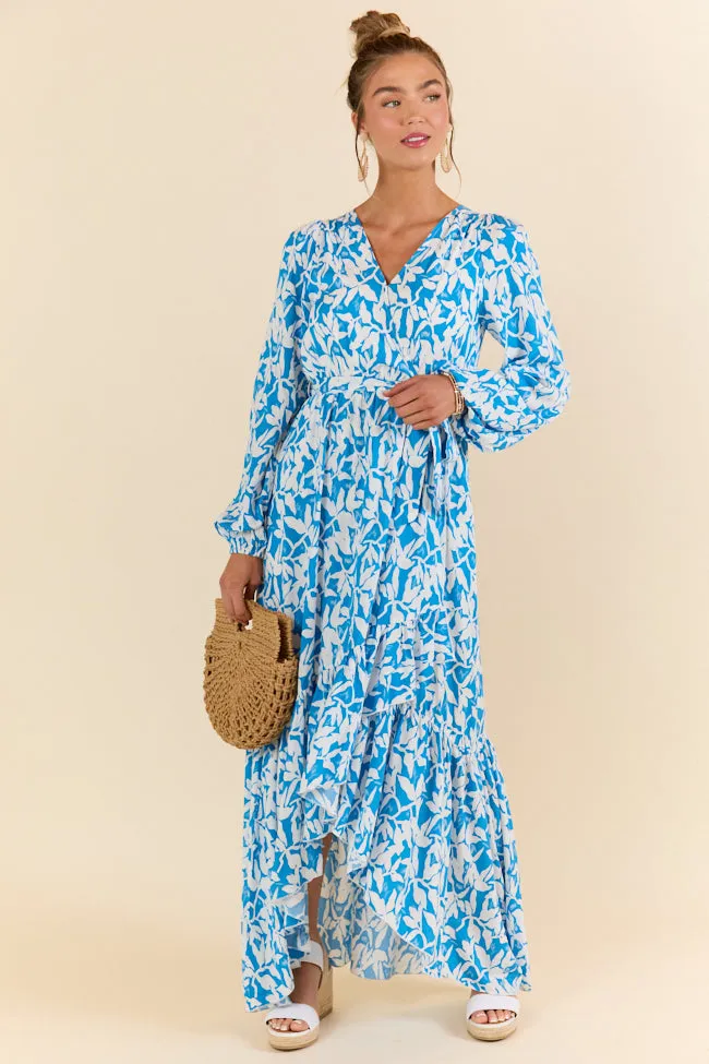 Palmetto Paradise Blue and White Long Sleeve Maxi Dress