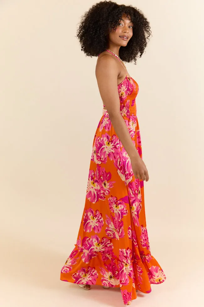 Pick Of The Summer Orange Printed Smocked Halter Maxi Dress