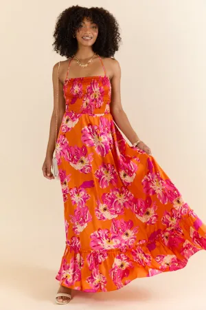 Pick Of The Summer Orange Printed Smocked Halter Maxi Dress