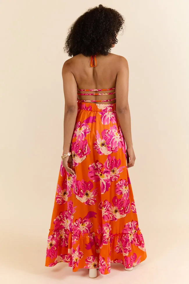 Pick Of The Summer Orange Printed Smocked Halter Maxi Dress