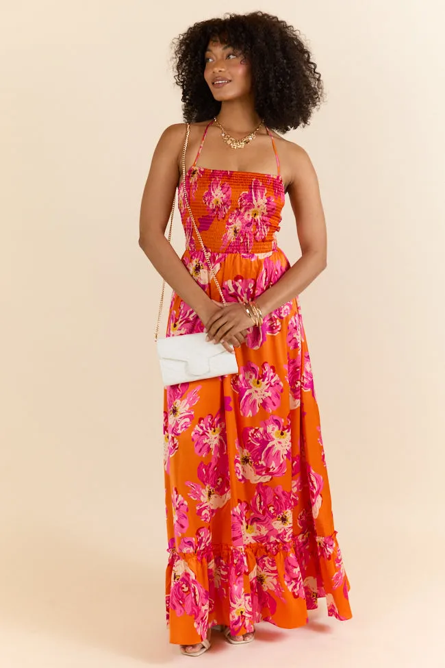 Pick Of The Summer Orange Printed Smocked Halter Maxi Dress