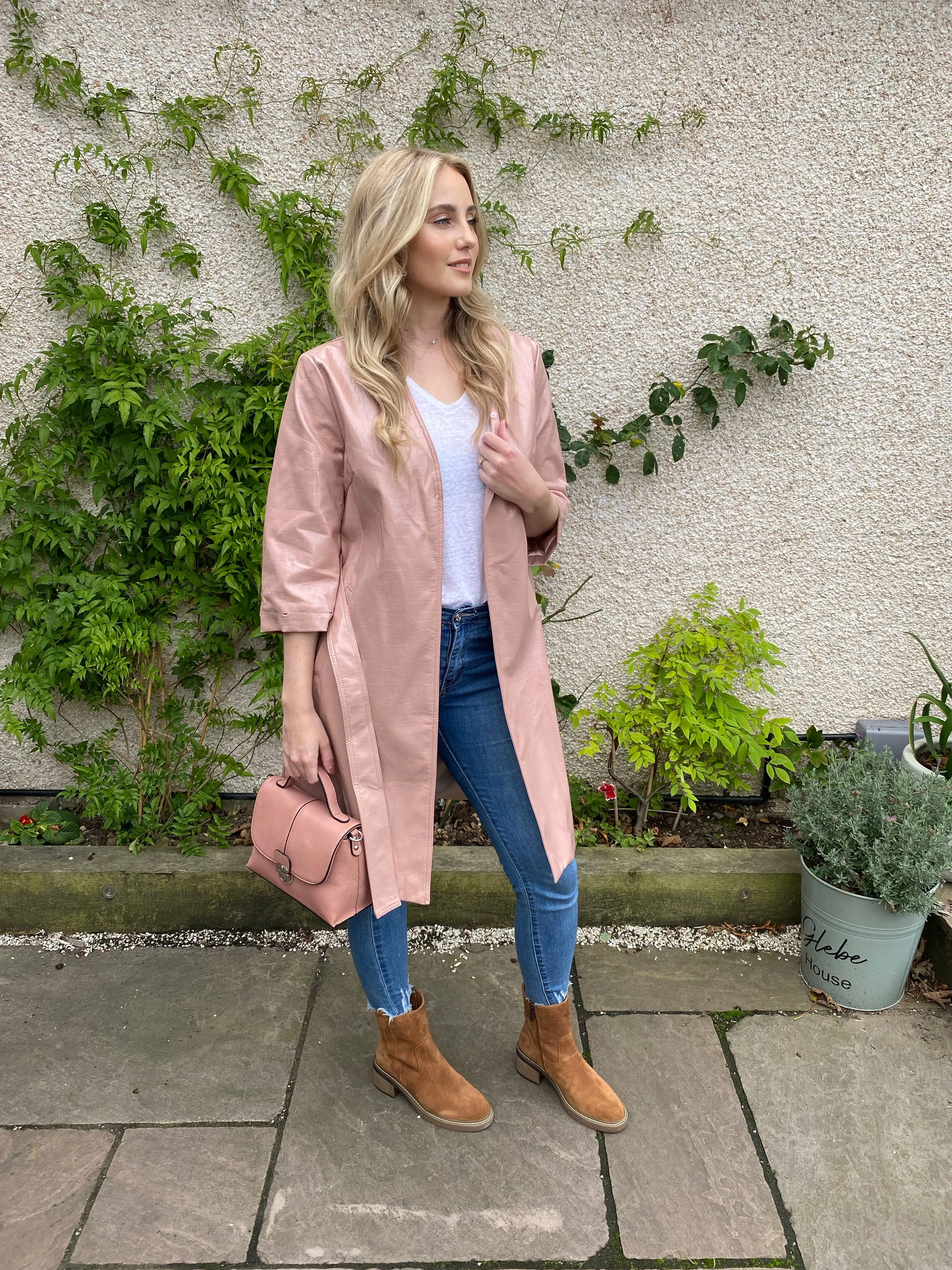 Pink Coat with Faux Shearling Cuffs and Collar