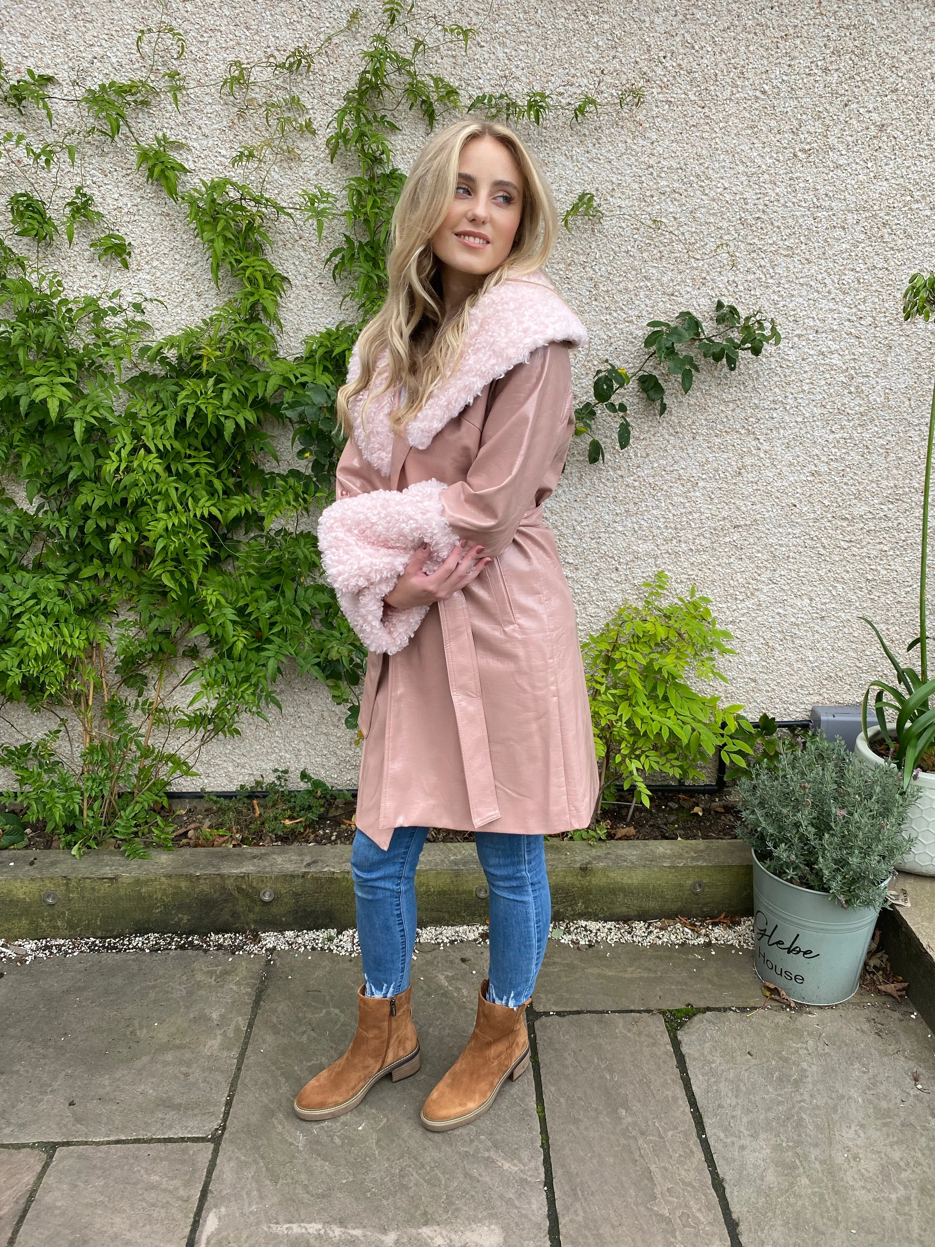 Pink Coat with Faux Shearling Cuffs and Collar