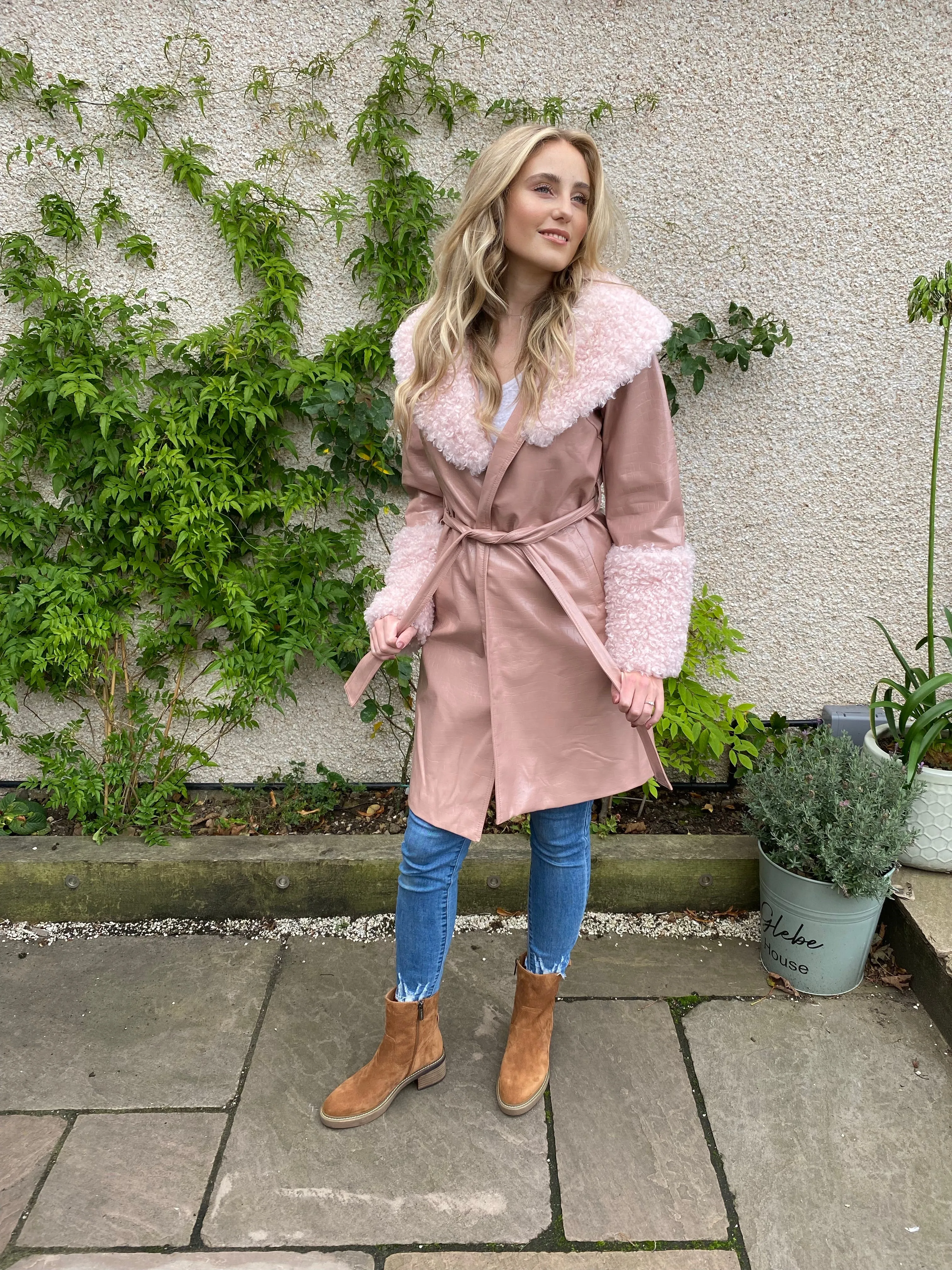 Pink Coat with Faux Shearling Cuffs and Collar