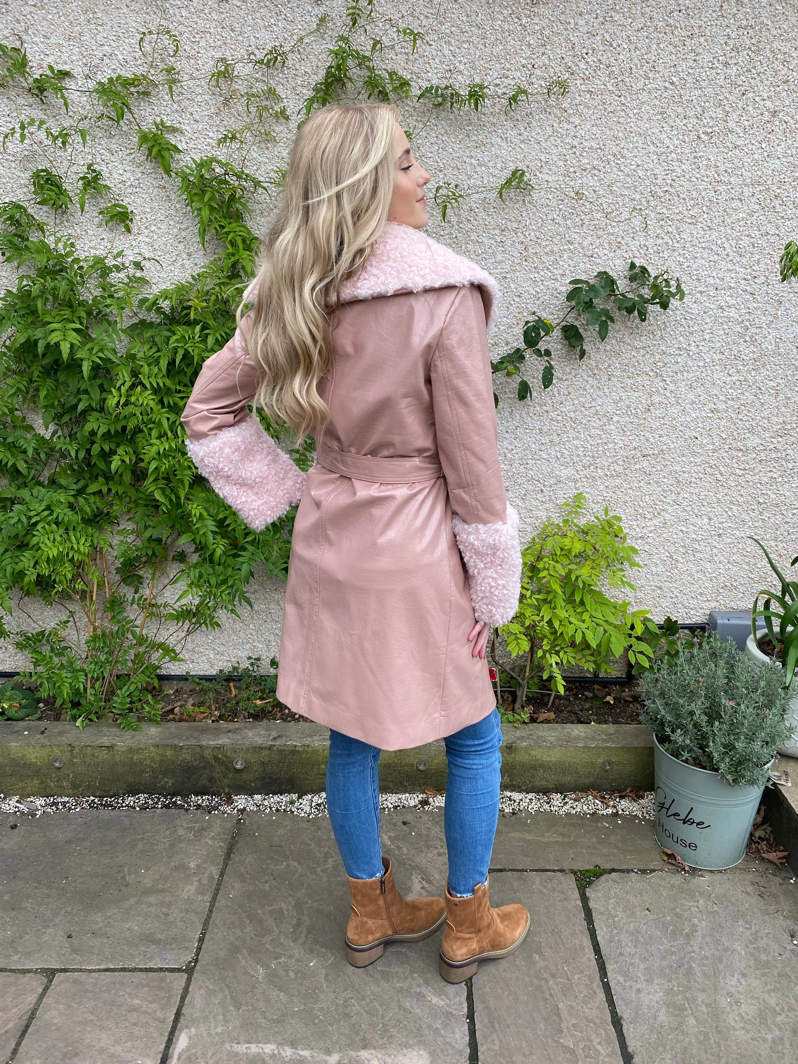 Pink Coat with Faux Shearling Cuffs and Collar