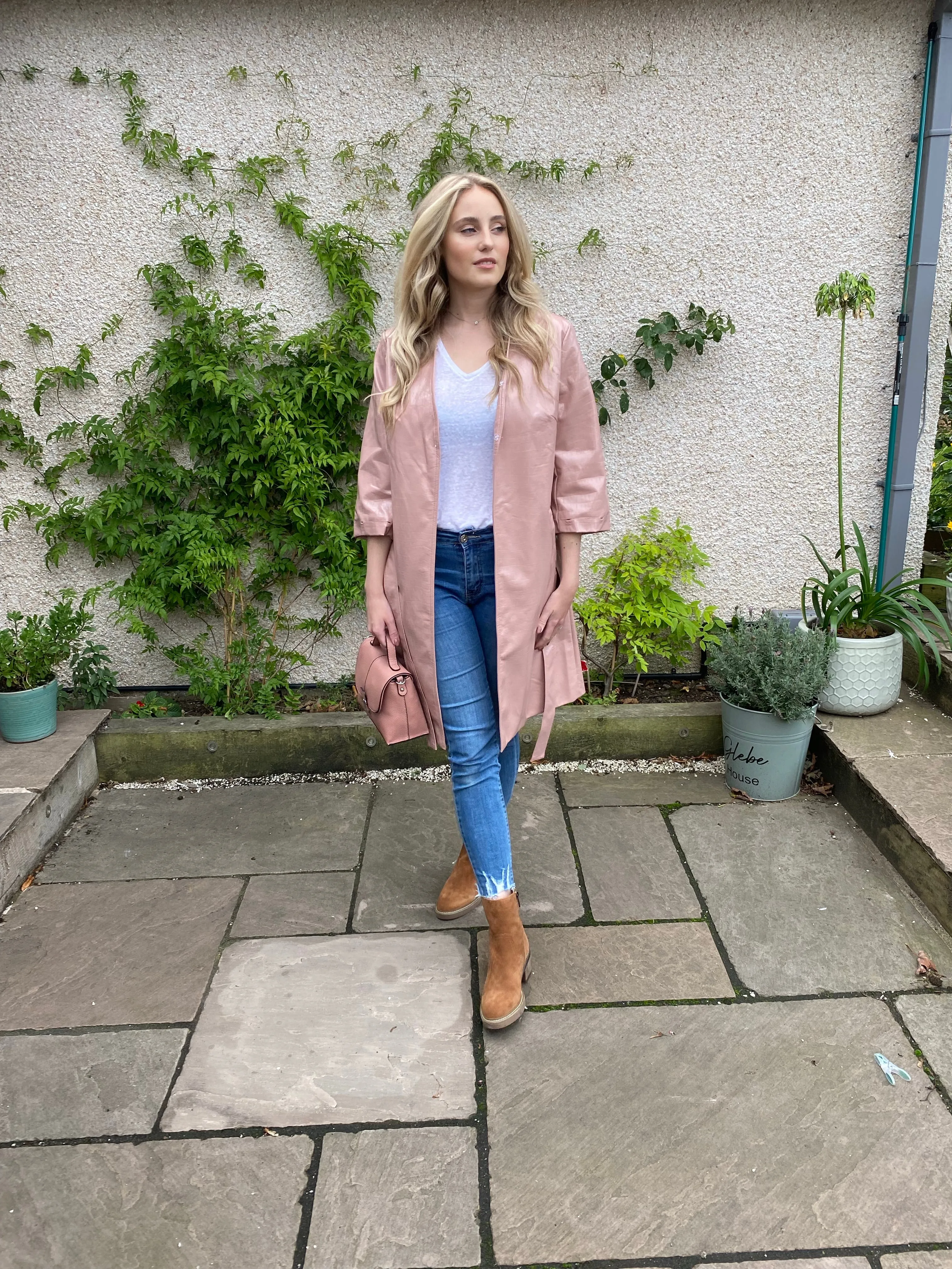 Pink Coat with Faux Shearling Cuffs and Collar
