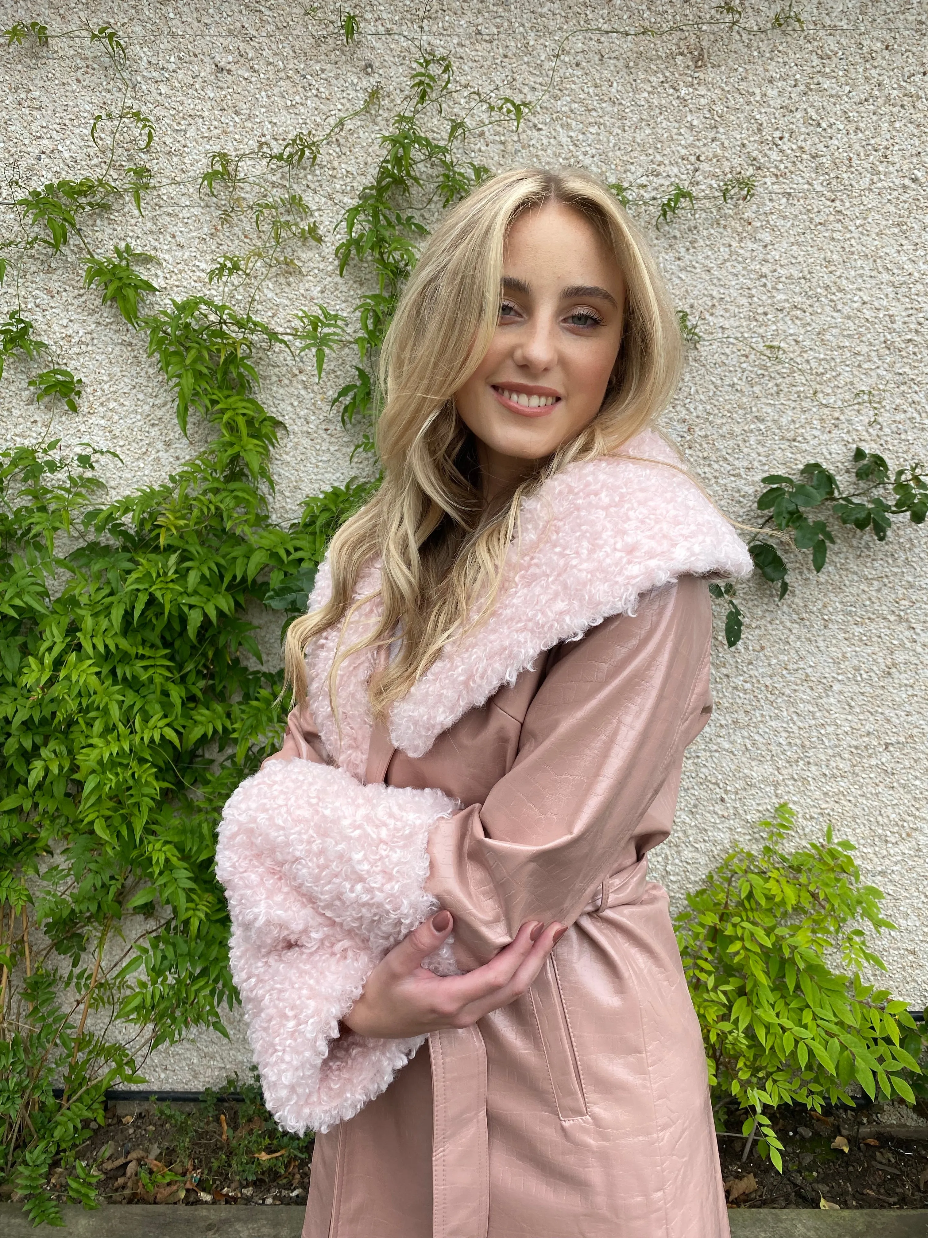 Pink Coat with Faux Shearling Cuffs and Collar