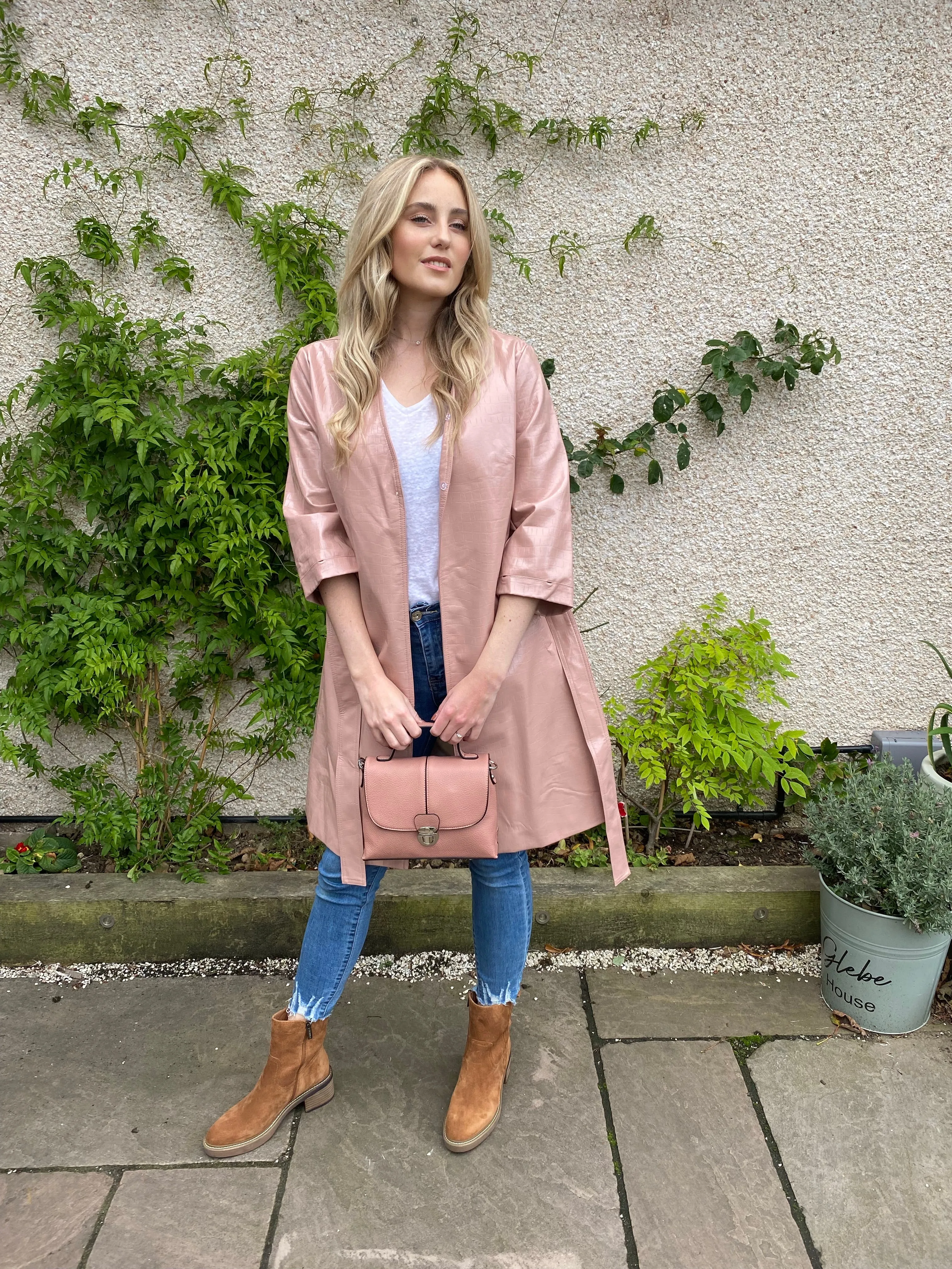 Pink Coat with Faux Shearling Cuffs and Collar