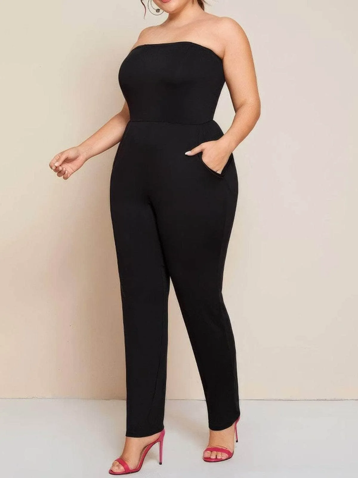 Plus Size Strapless Solid Color Jumpsuit