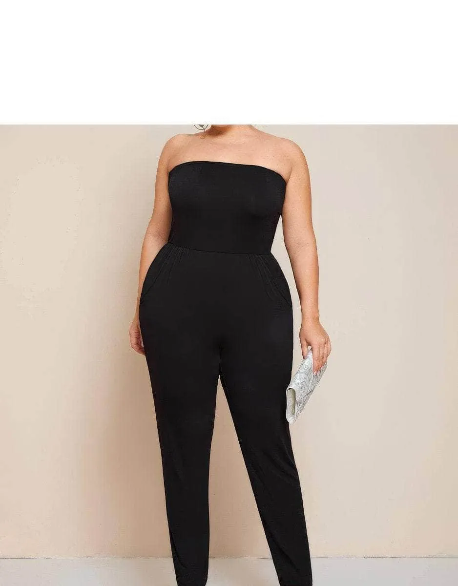 Plus Size Strapless Solid Color Jumpsuit