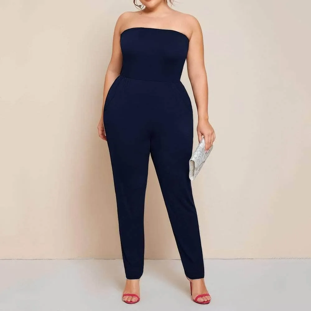 Plus Size Strapless Solid Color Jumpsuit