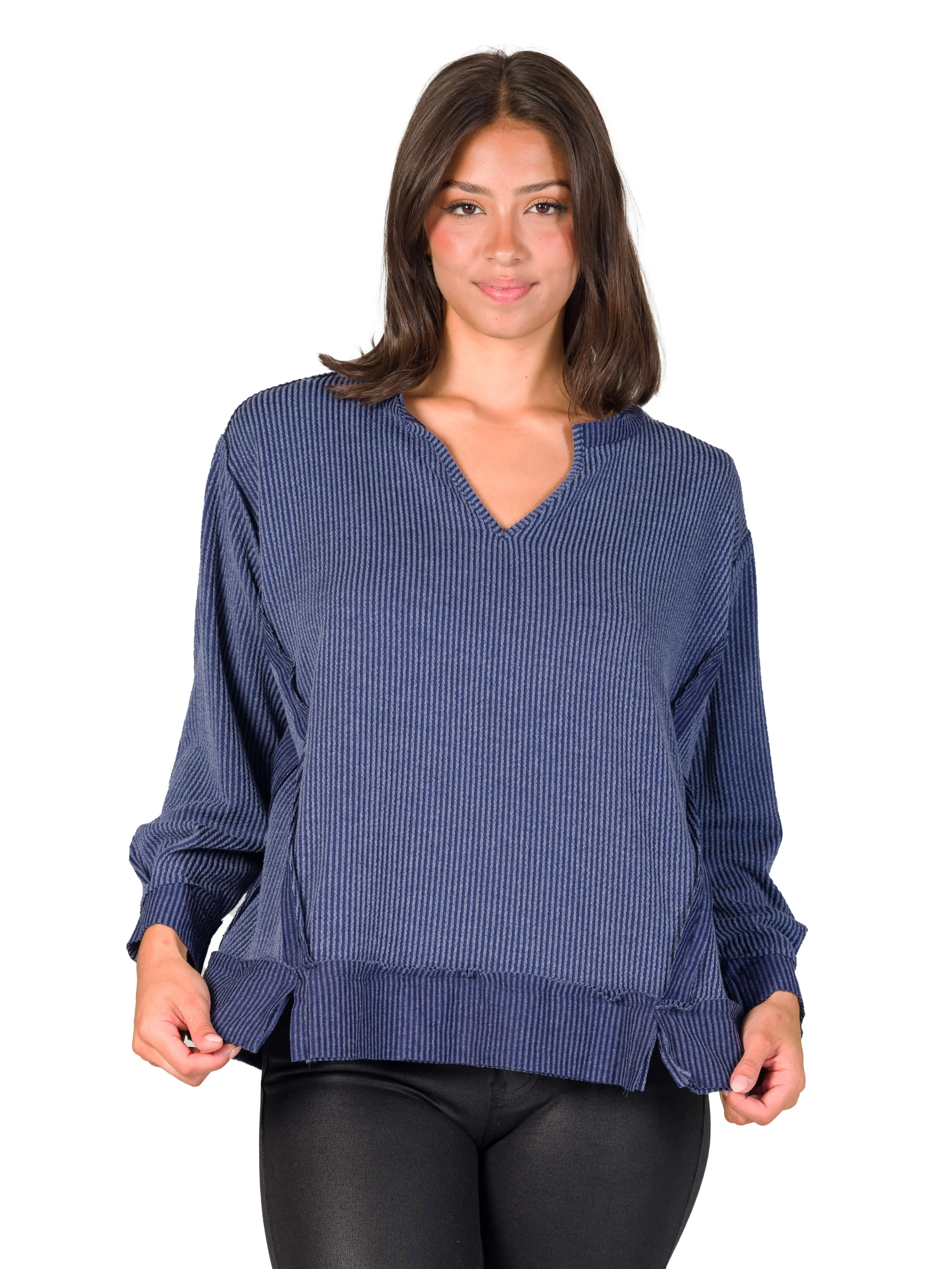Relaxed Fit Ribbed Knit V Neck Sweatshirt Top