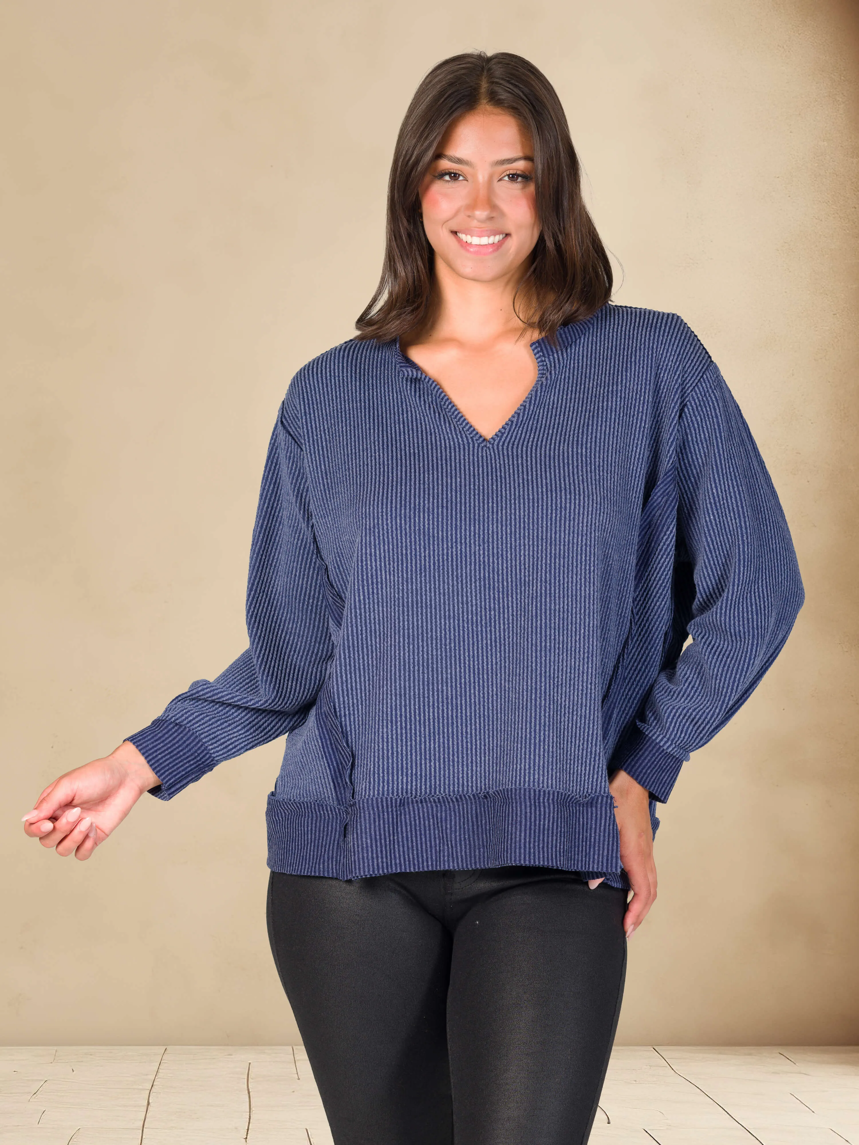 Relaxed Fit Ribbed Knit V Neck Sweatshirt Top