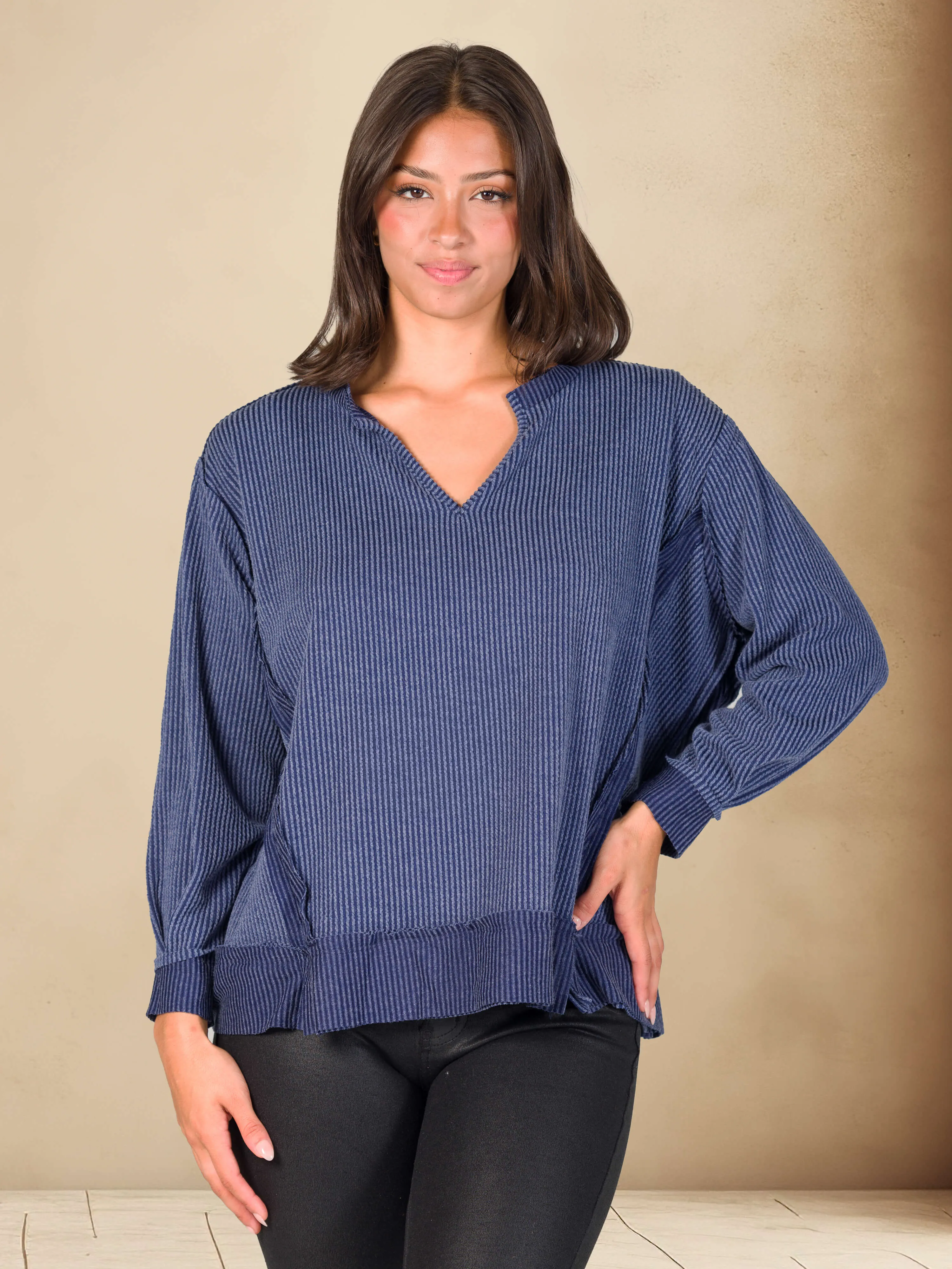 Relaxed Fit Ribbed Knit V Neck Sweatshirt Top