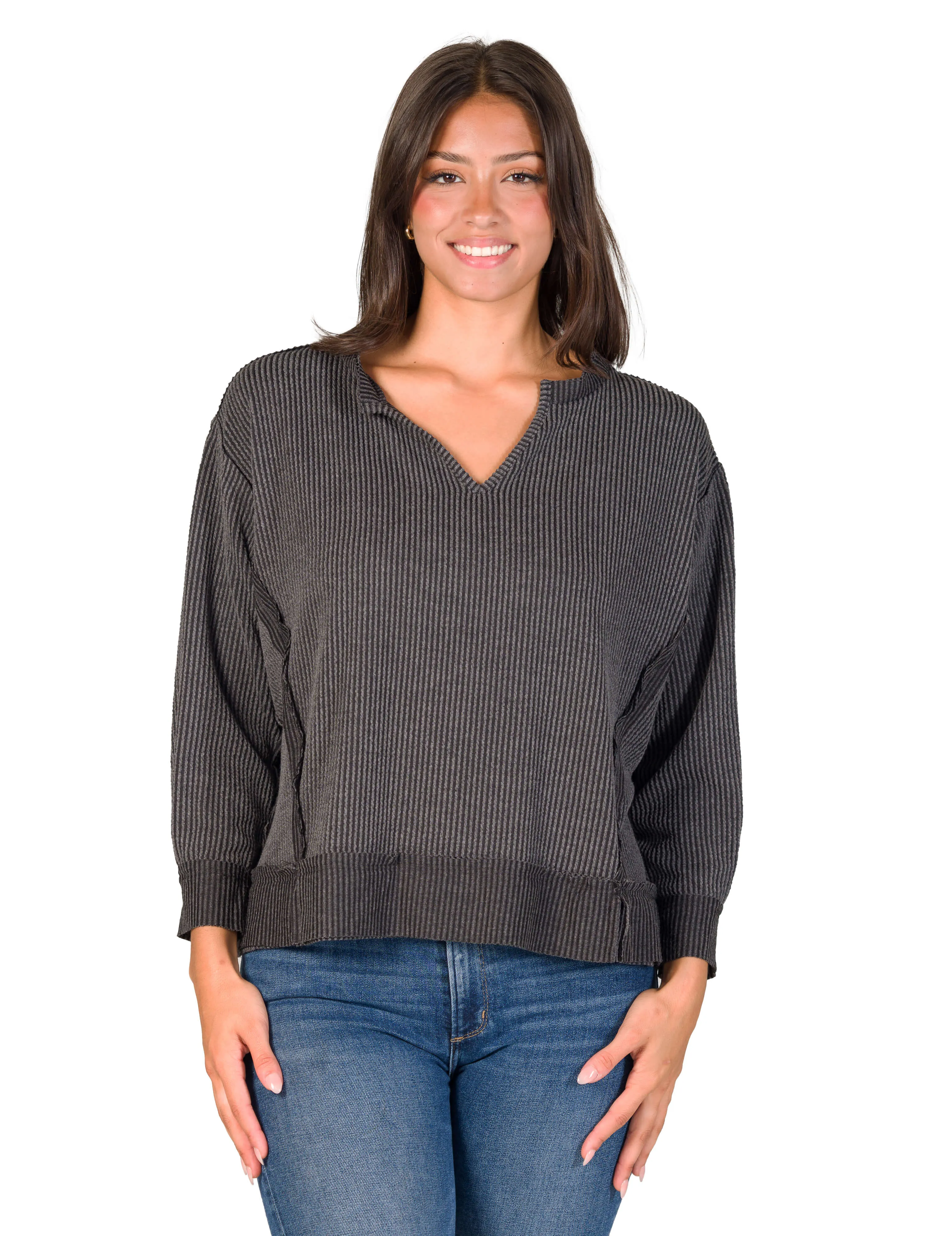 Relaxed Fit Ribbed Knit V Neck Sweatshirt Top
