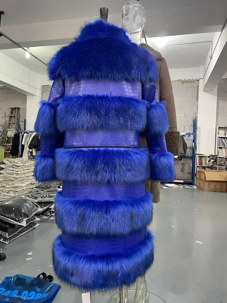 RR2831 Two Ways Wear Long Faux Fur Coats Women Stand Fur Collar Long Sleeve Fake Fox Fur Winter Jackets Women Waist Zipper
