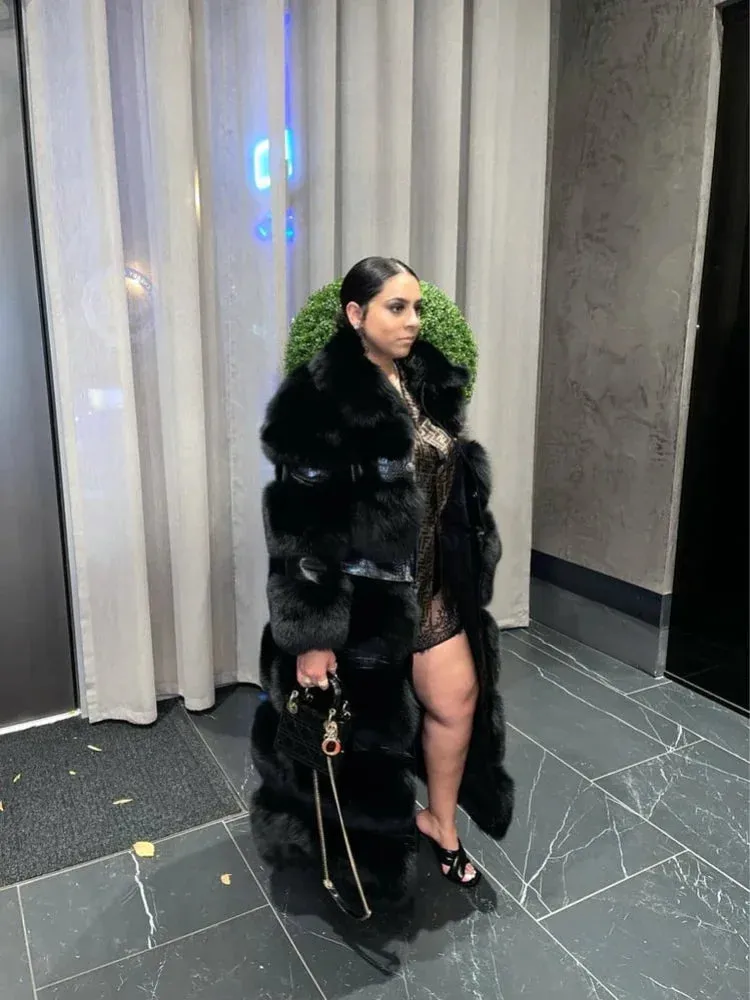 RR2831 Two Ways Wear Long Faux Fur Coats Women Stand Fur Collar Long Sleeve Fake Fox Fur Winter Jackets Women Waist Zipper