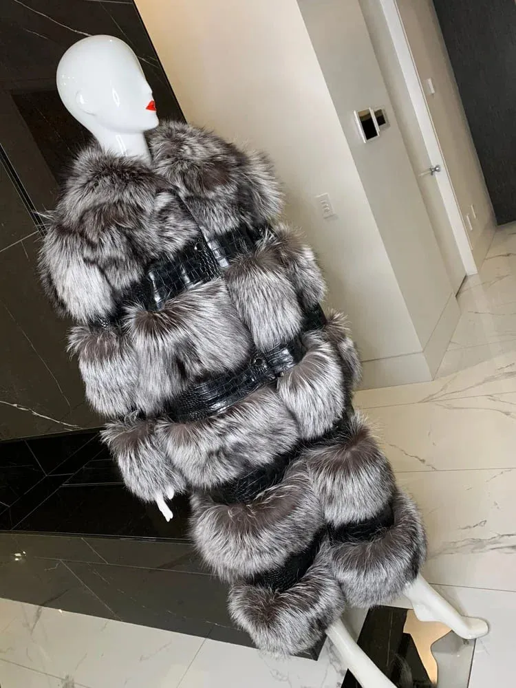 RR2831 Two Ways Wear Long Faux Fur Coats Women Stand Fur Collar Long Sleeve Fake Fox Fur Winter Jackets Women Waist Zipper