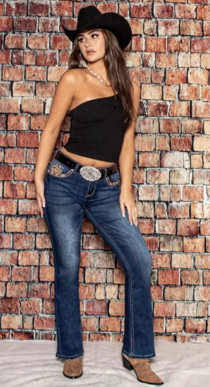 Sara Dark Blue Denim Embroidered Bootcut Jeans