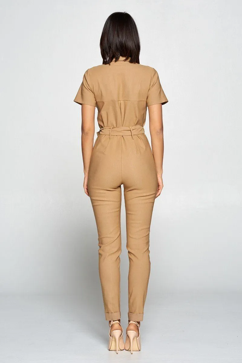 Short Sleeve Jumpsuit With A Notched Collar Neckline ,button Down Front, Pocket Detail Finished Off With A Self Tie Belt