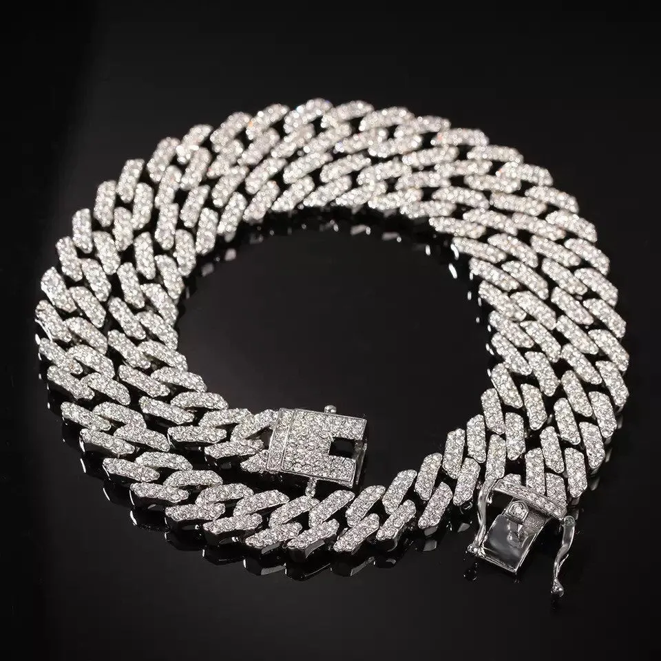Silver  cuban chain necklace, blinged iced cuban necklace , Micro Paved 12mm S-Link Miami Cuban Necklaces Hiphop Men and women Iced necklace