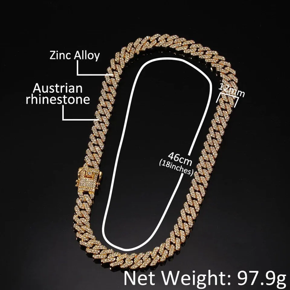 Silver  cuban chain necklace, blinged iced cuban necklace , Micro Paved 12mm S-Link Miami Cuban Necklaces Hiphop Men and women Iced necklace