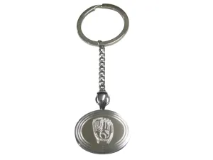 Silver Toned Etched Oval Baseball Glove Pendant Keychain