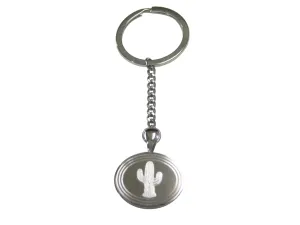 Silver Toned Etched Oval Cactus Plant Pendant Keychain