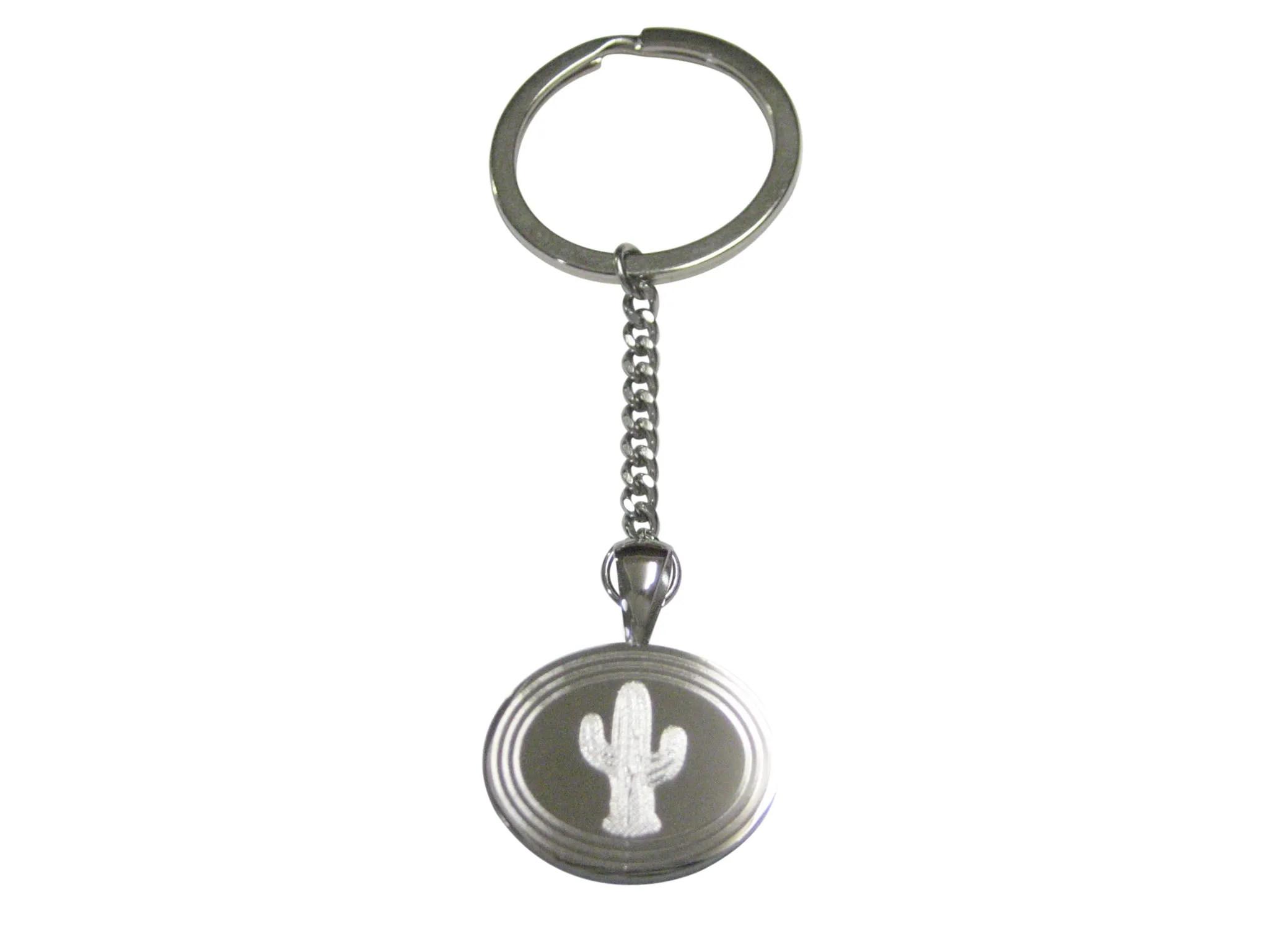 Silver Toned Etched Oval Cactus Plant Pendant Keychain