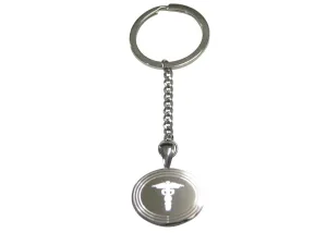 Silver Toned Etched Oval Caduceus Medical Symbol Pendant Keychain
