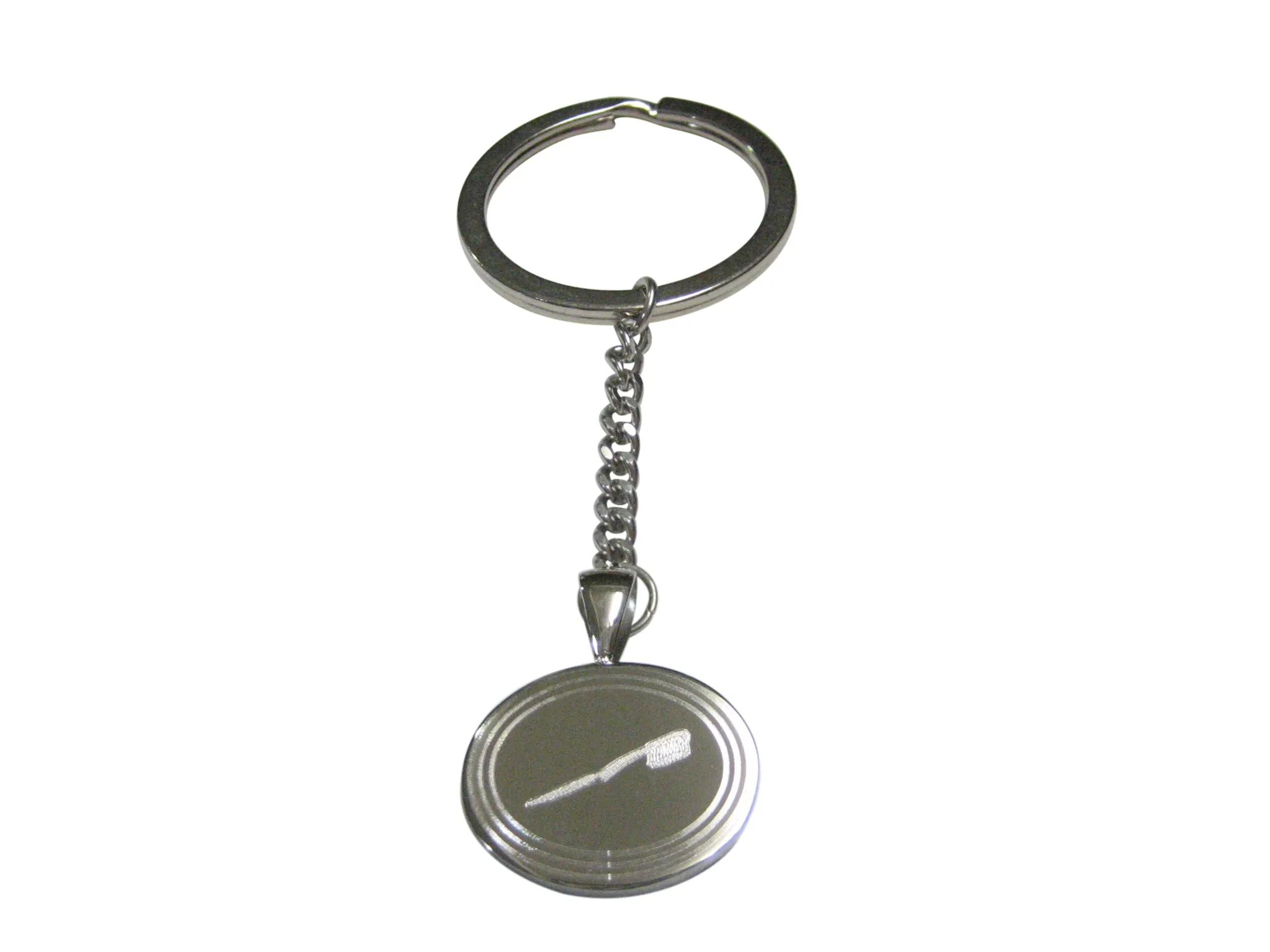 Silver Toned Etched Oval Dental Tooth Brush Pendant Keychain