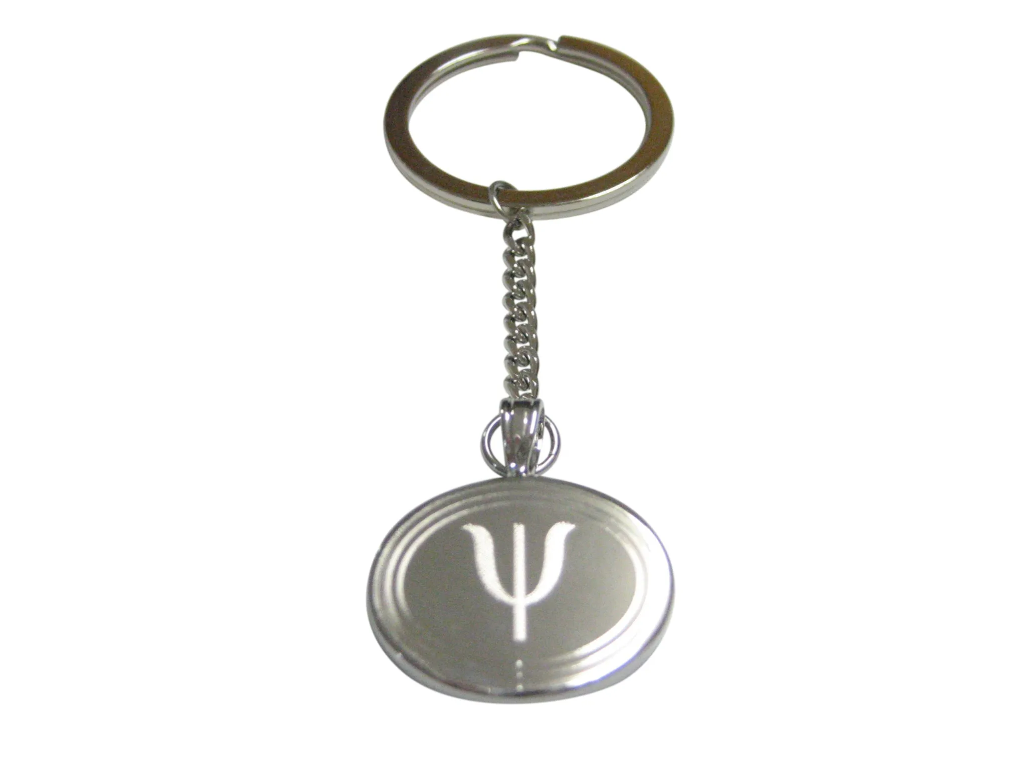 Silver Toned Etched Oval Greek Letter Psi Pendant Keychain