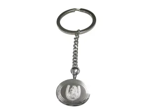 Silver Toned Etched Oval Maned Horse and Horse Shoe Pendant Keychain