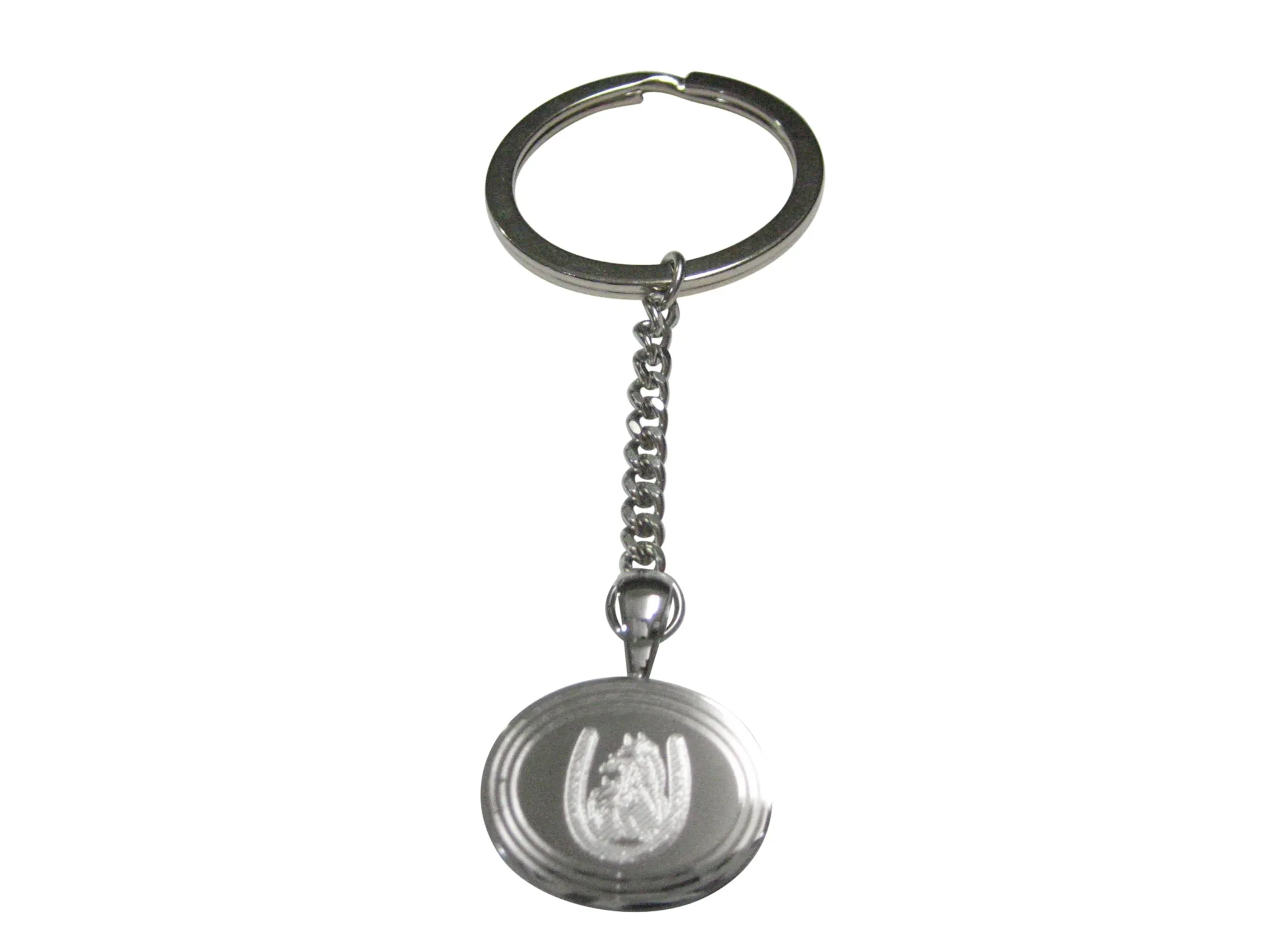 Silver Toned Etched Oval Maned Horse and Horse Shoe Pendant Keychain