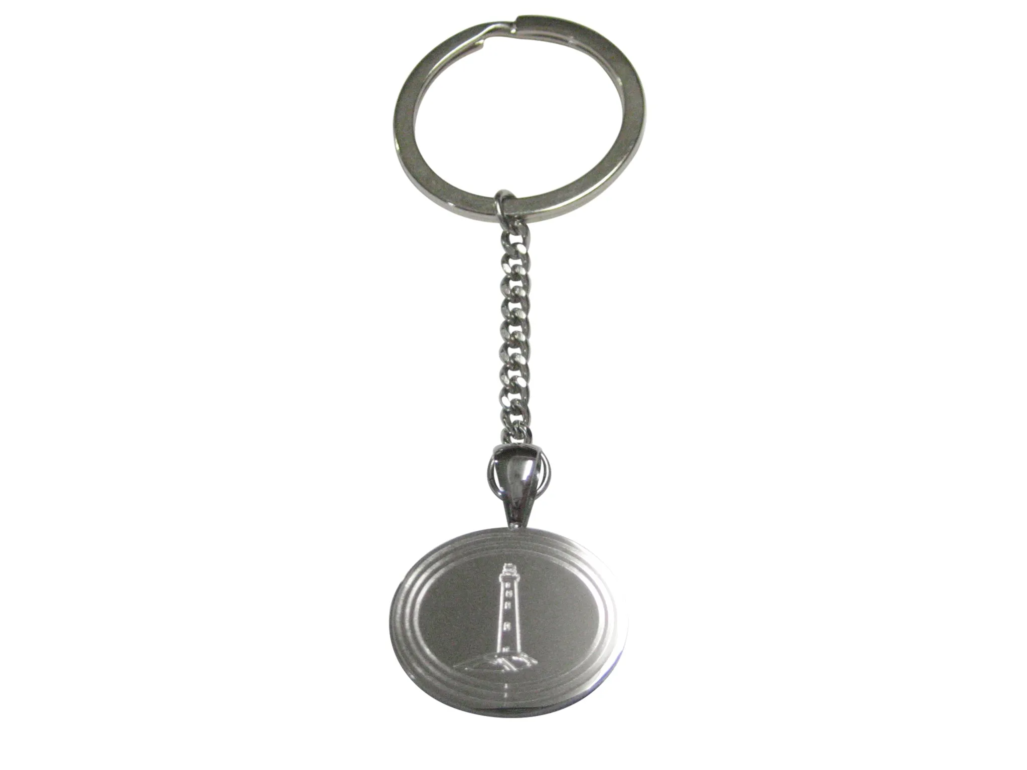 Silver Toned Etched Oval Nautical Lighthouse Pendant Keychain