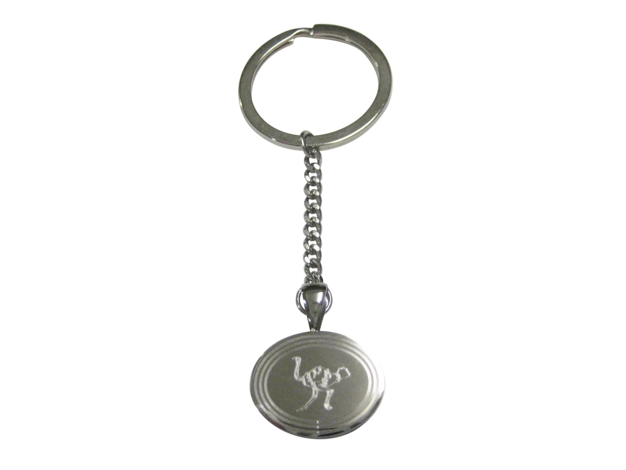 Silver Toned Etched Oval Ostrich Bird Pendant Keychain