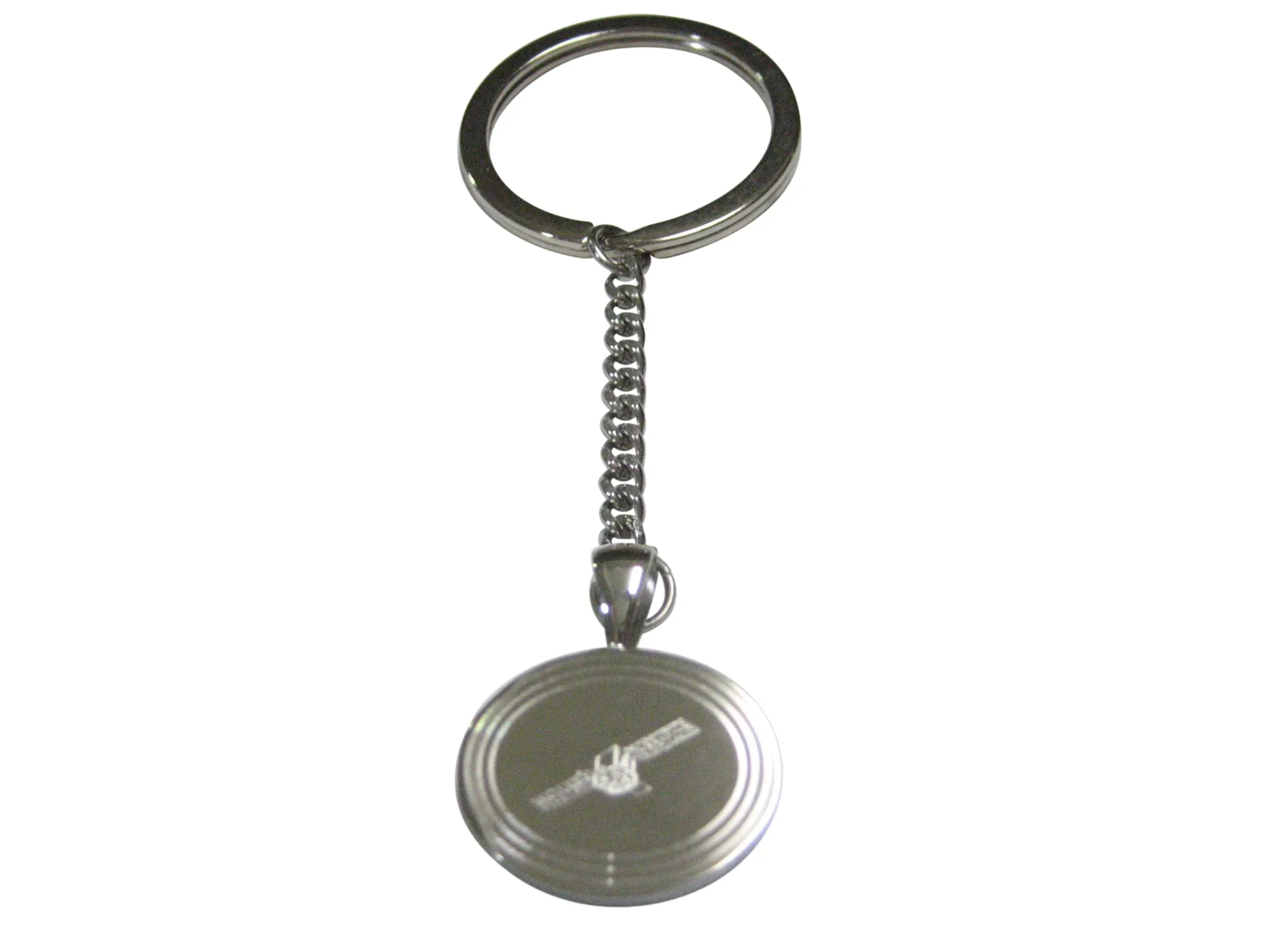 Silver Toned Etched Oval Satellite Pendant Keychain