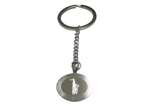 Silver Toned Etched Oval Saxophone Music Instrument Pendant Keychain