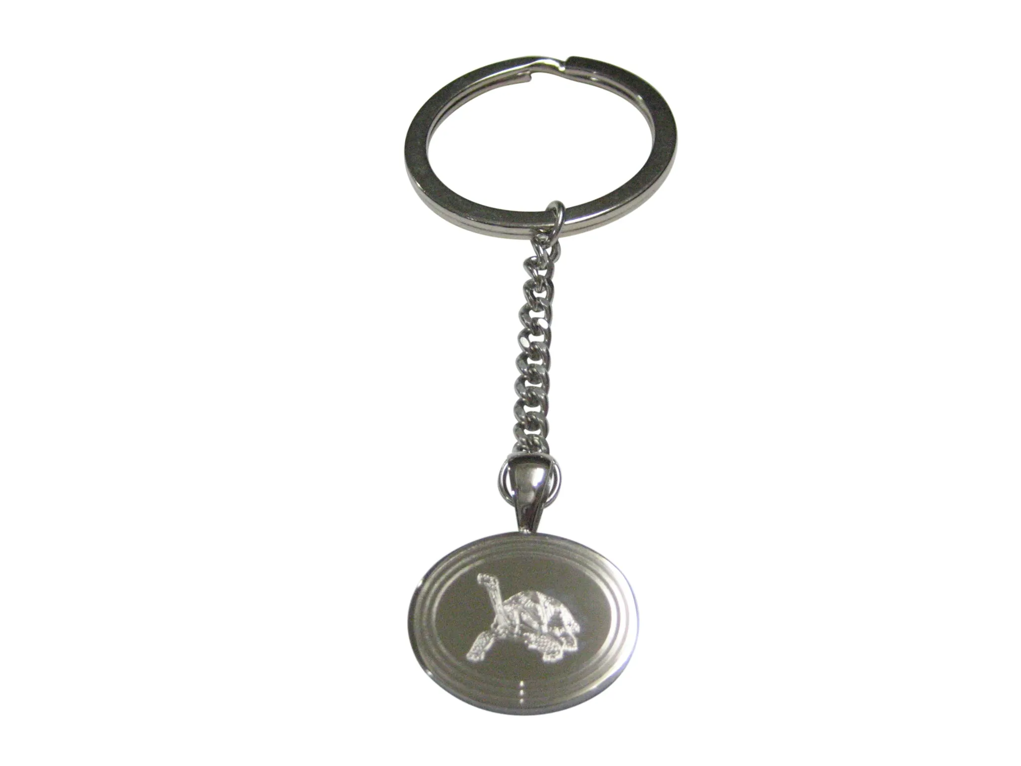 Silver Toned Etched Oval Tortoise Turtle Pendant Keychain