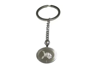 Silver Toned Etched Oval Tortoise Turtle Pendant Keychain