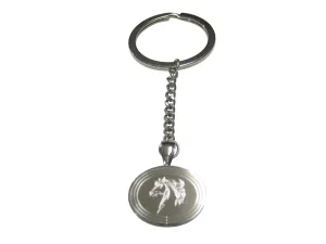 Silver Toned Etched Oval Wild Horse Head Pendant Keychain