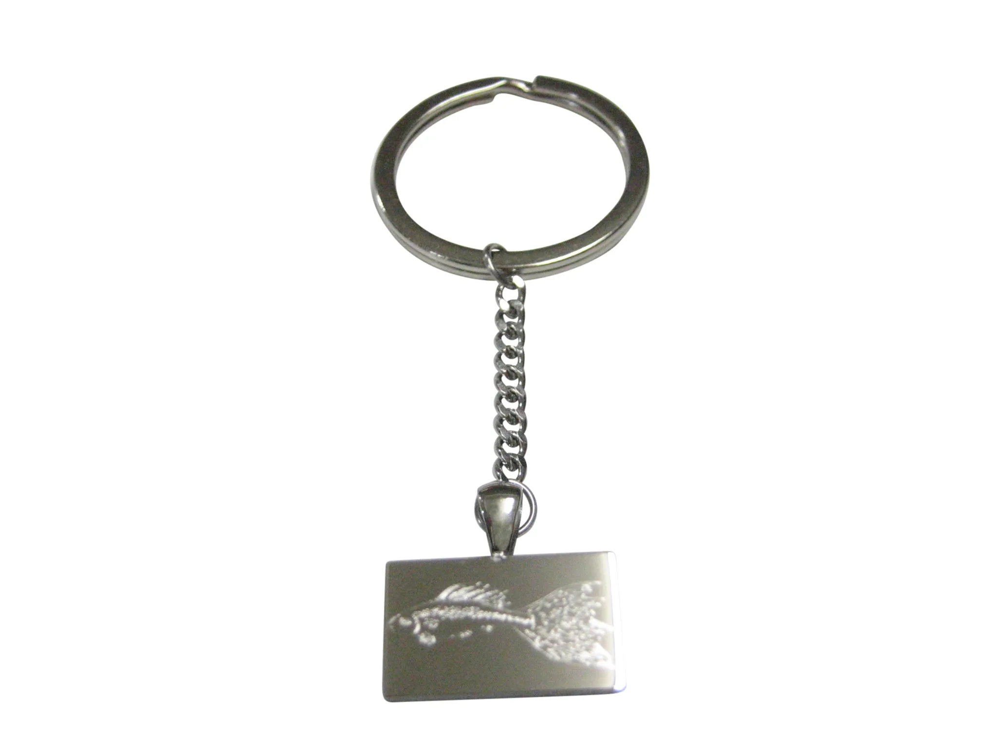 Silver Toned Rectangular Etched Guppy Fish Pendant Keychain