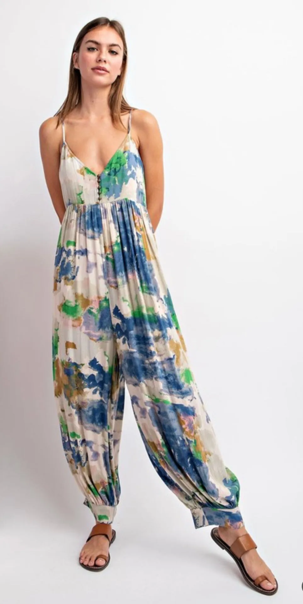 Sleeveless Antique Blue Tie Dye Jumpsuit