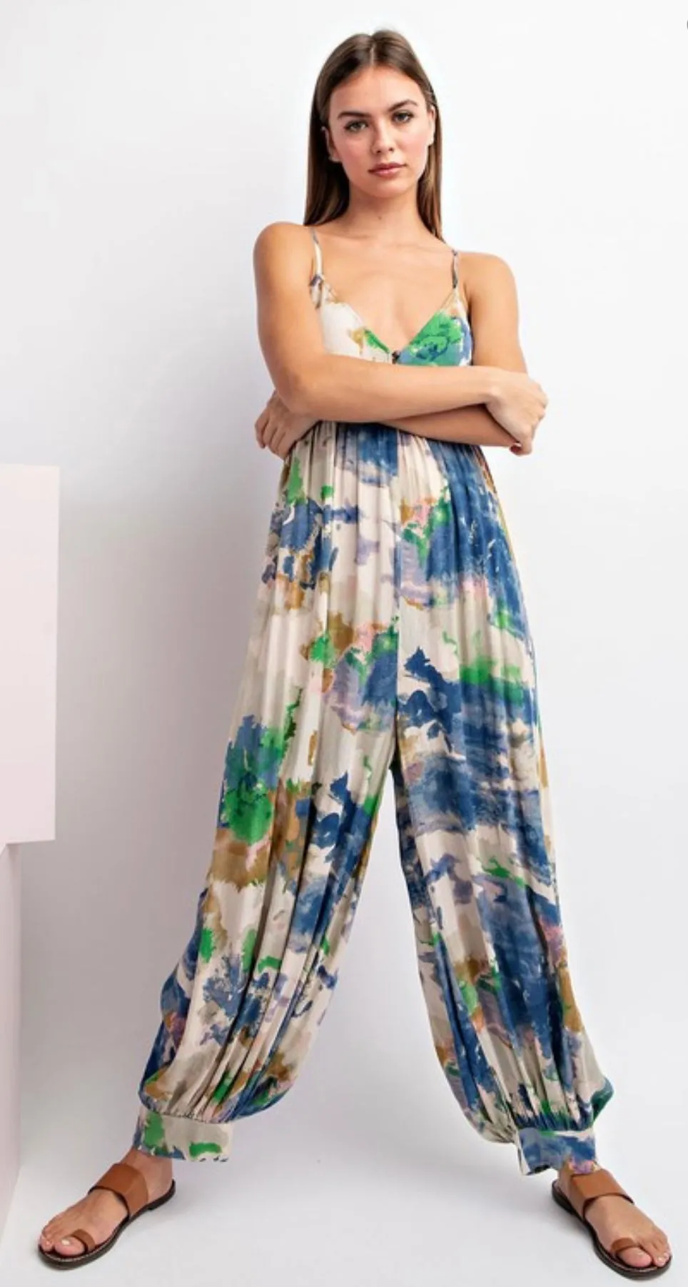 Sleeveless Antique Blue Tie Dye Jumpsuit