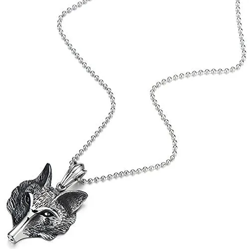 Stainless Steel Mens Fox Head Pendant Necklace with 30 inches Steel Ball Chain