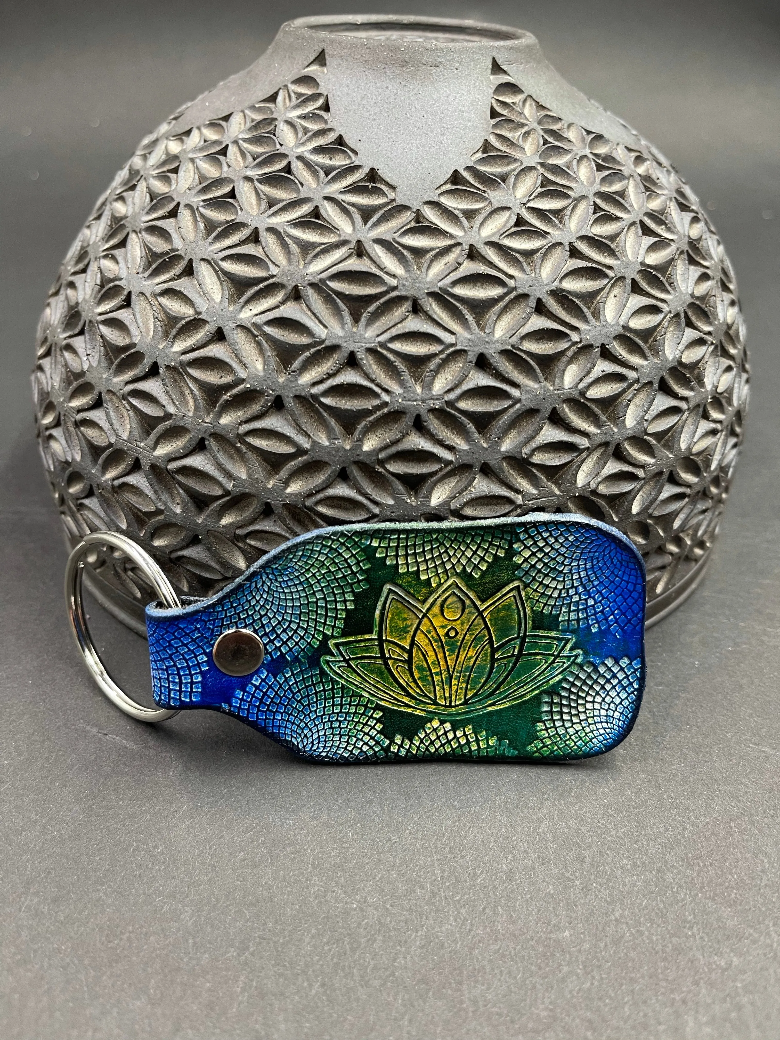Stamped Leather Keychain - Geometric Lotus