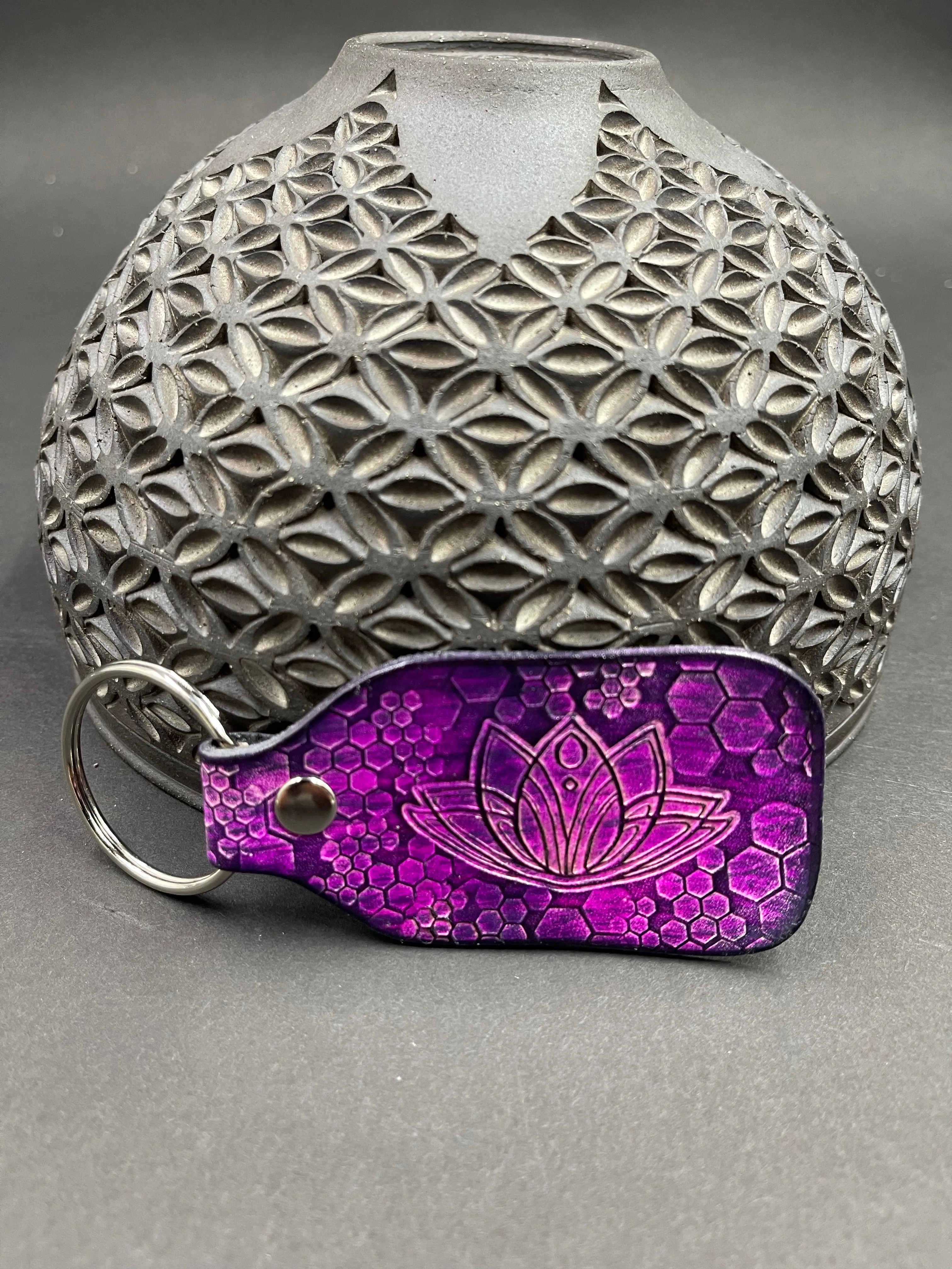 Stamped Leather Keychain - Geometric Lotus